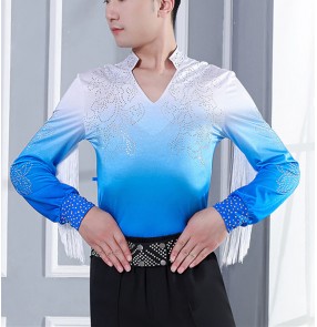 Men's blue black gradient competition tassels latin dance shirts youth young man modern salsa chacha rumba dance fringed tops for man